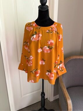 Daniel Rainn Mustard Floral Bell-Sleeve Blouse